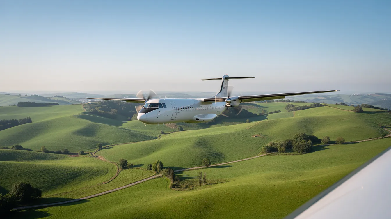 A modern turboprop aircraft soars above lush green rolling hills under a clear blue sky, symbolizing the freedom and luxury of private jet travel. This image captures the essence of private aviation, showcasing the beauty of flight and the serene landscapes below.