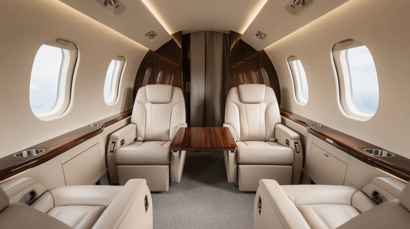 The image showcases the interior of a modern light jet cabin, featuring luxurious leather club seating complemented by elegant wood-grain accents, ideal for private aviation enthusiasts. This spacious cabin design emphasizes comfort and style, making it a popular choice among business jets in the private jet market.