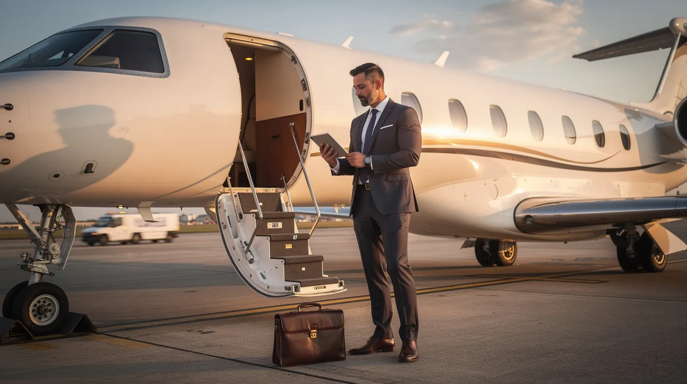 A business traveler in professional attire stands at the open door of a luxurious private jet, engrossed in using a tablet device. The scene highlights the allure of private aviation, showcasing the convenience and sophistication associated with business jets.
