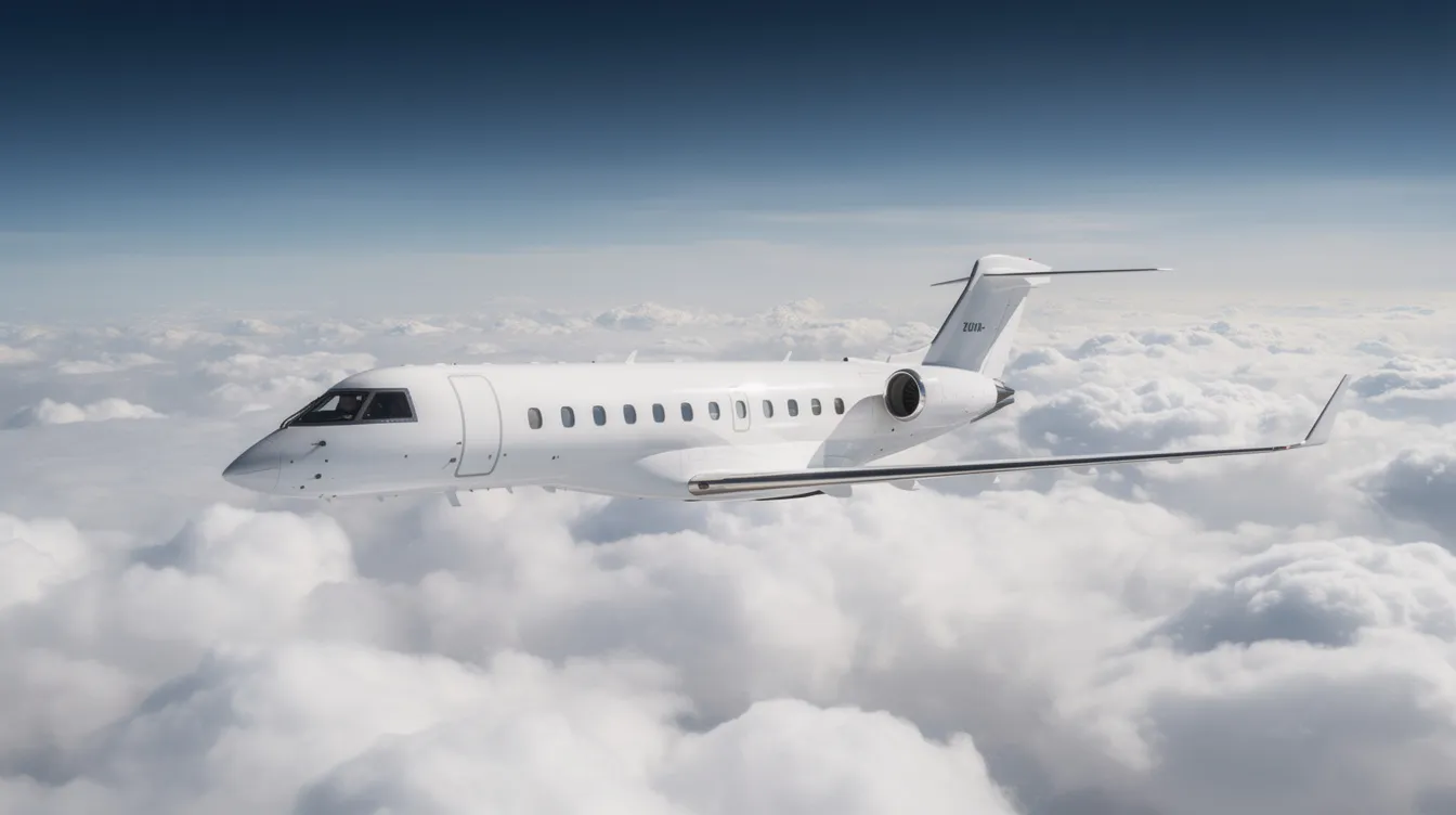 A sleek white super-midsize business jet soars above a thick layer of clouds, with a vibrant blue sky stretching above. This scene captures the essence of private aviation, showcasing the luxury and freedom associated with flying in a high-performance aircraft.