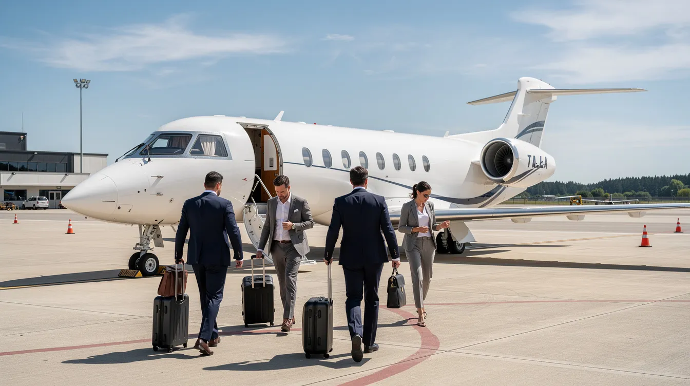 A group of business travelers is seen walking across a small airport ramp towards a light jet under a clear blue sky at the Hereford Municipal Airport. The scene captures the bustling atmosphere of the airport, highlighting the excellent condition of the runway and the sunny weather typical of Hereford, Texas.