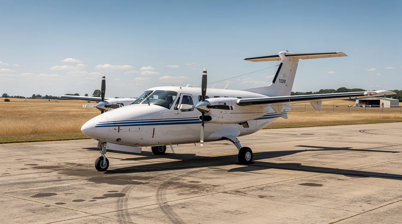 A small turboprop aircraft is parked on the ramp of Hereford Municipal Airport, surrounded by flat plains stretching into the distance. The scene captures the essence of a rural airport in Texas, with the aircraft in fair condition and the runway visible nearby.