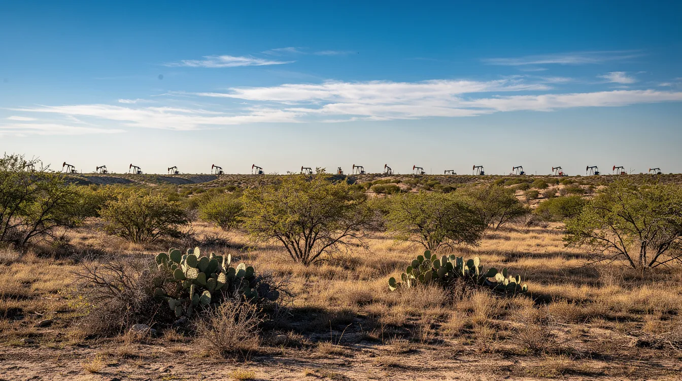 The image depicts a South Texas brush country landscape featuring distant oil pump jacks and mesquite trees set against a vast blue sky, capturing the essence of the natural beauty surrounding Cotulla La Salle County Airport. The scene reflects the area's rugged charm, with hints of the local aviation operations and the nearby county airport.