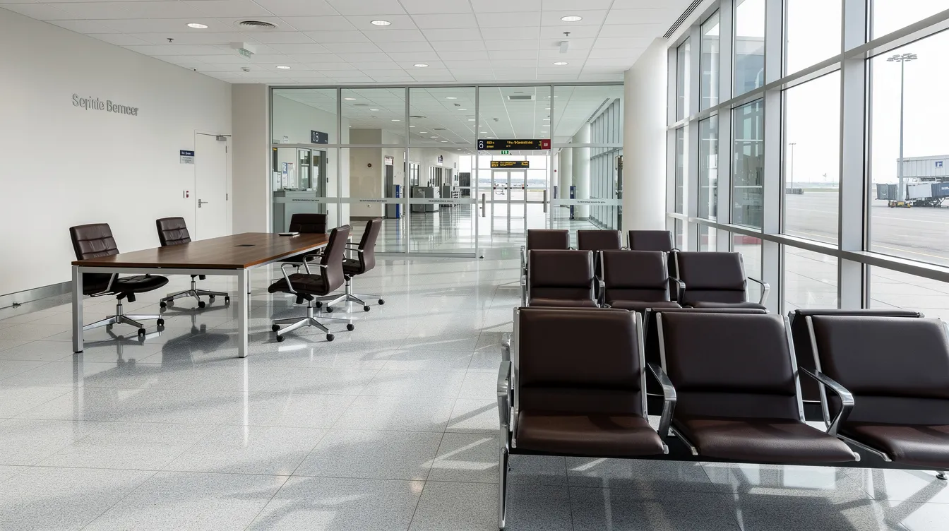 The image depicts the interior of a clean and modern small airport terminal, featuring sleek leather seating arrangements and a conference table, ideal for meetings and discussions related to airport operations at Cotulla La Salle County Airport. The terminal's design reflects a welcoming atmosphere for travelers and airport staff alike.