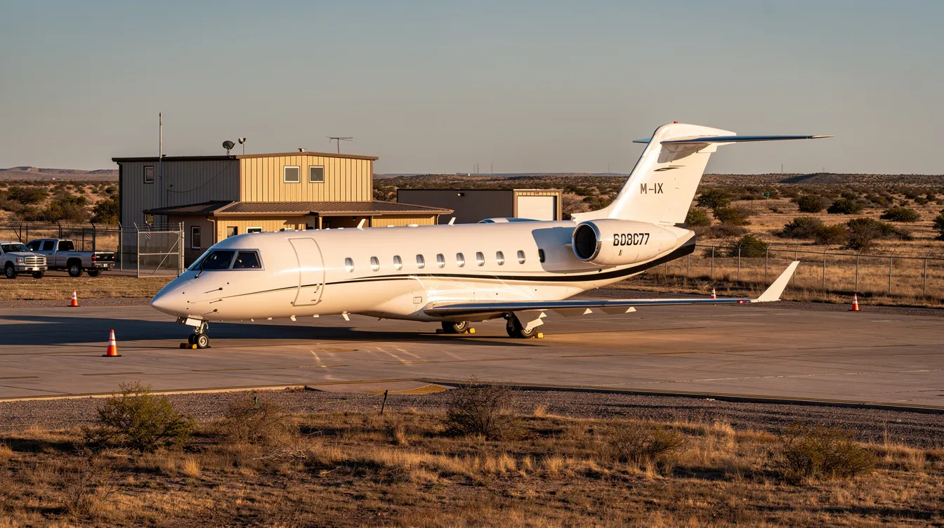 A midsize business jet is parked on the ramp of Cotulla La Salle County Airport, surrounded by the dry Texas landscape. The terminal building is visible in the background, indicating the airport's operations and services available for travelers.