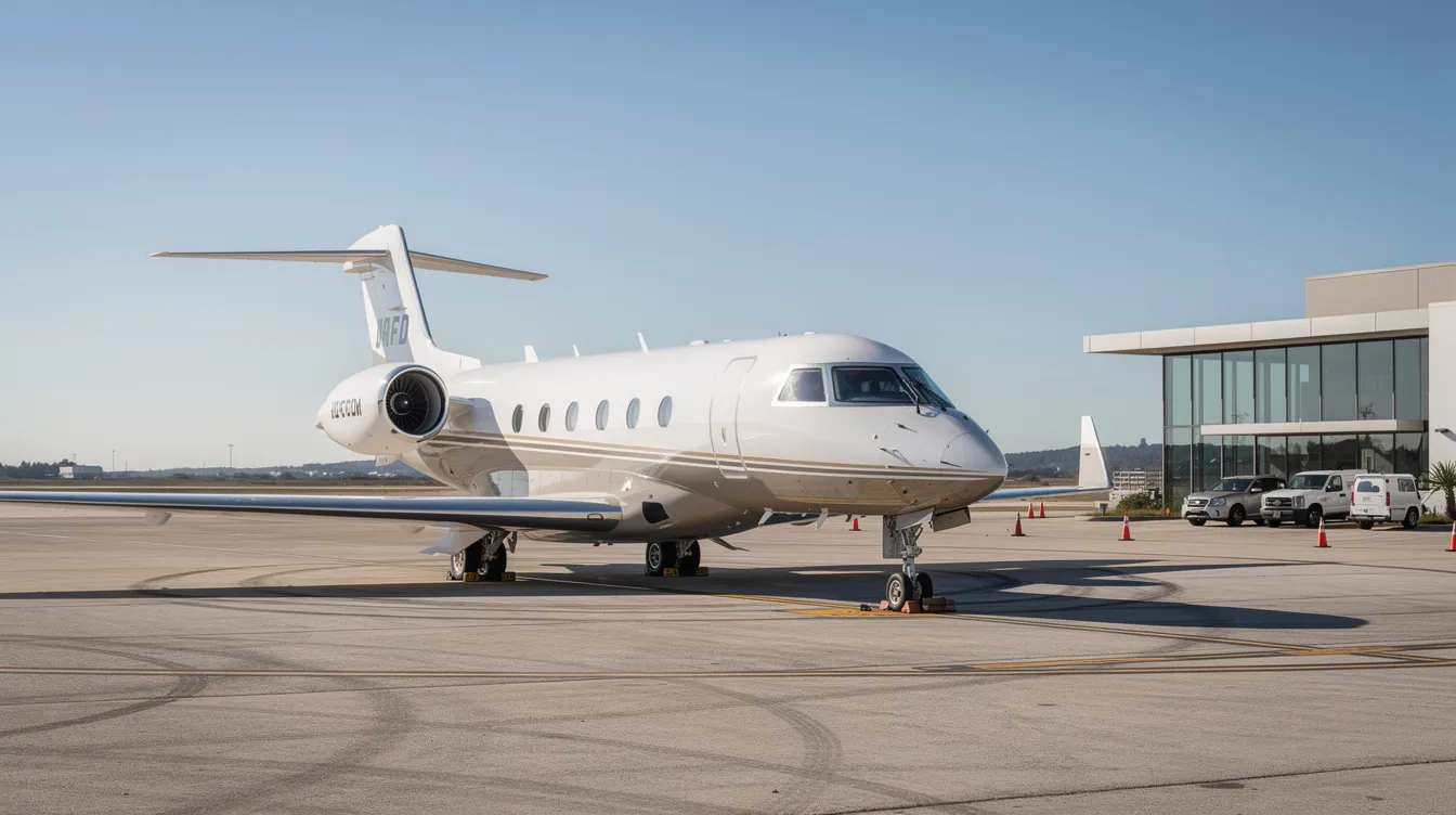 A sleek private jet is parked on a tarmac at a quiet fixed-base operator terminal under a clear blue sky, showcasing the luxury of private aviation. This serene setting emphasizes the importance of aviation security and the TSA background checks that ensure safe travel for all passengers.