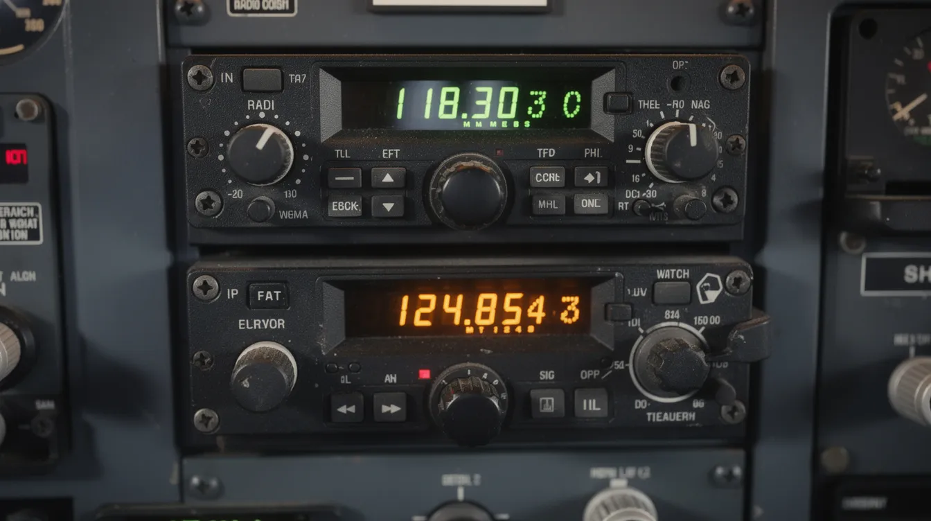 The image showcases an aircraft instrument panel featuring various avionics devices, including frequency displays, knobs for adjusting the fuel pump switch, and primary instruments like the airspeed indicator and attitude indicator. The layout resembles a glass cockpit, highlighting essential controls for flight management in a Cessna 172, such as the throttle, electrical switches, and landing lights.