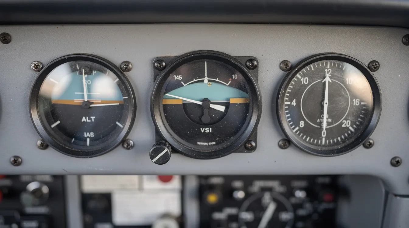 A close-up view of the instrument panel in a Cessna 172 cockpit, featuring round analog flight instruments with black bezels, including an airspeed indicator, attitude indicator, and vertical speed indicator, surrounded by various switches for controlling aircraft lights and fuel systems. The dashboard showcases essential avionics devices that pilots use to monitor flight parameters and navigate effectively.