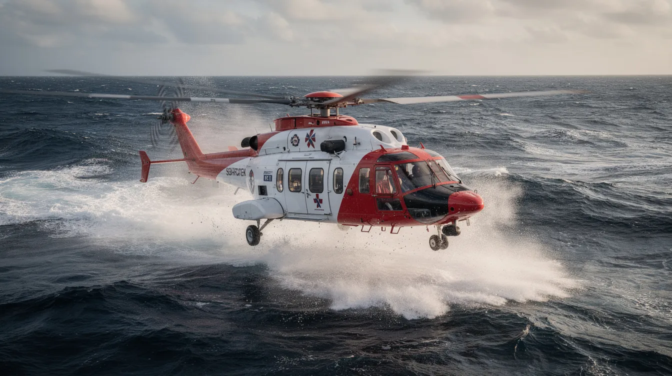A large red and white Sikorsky S-92 rescue helicopter hovers above choppy ocean waves, showcasing its twin-engine design and robust fuselage. The aircraft is poised for a search and rescue mission, emphasizing its capability and improved safety features for operations over water.