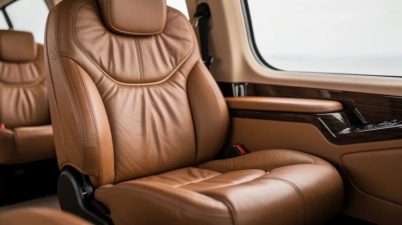 A close-up view of luxurious leather captain's chairs featuring polished wood trim inside the cabin of a Sikorsky S-92 helicopter, showcasing the refined interior design suited for VIP transportation and enhanced safety during flight operations. The image highlights the comfortable seating arrangement, emphasizing the helicopter's focus on passenger experience and functionality.