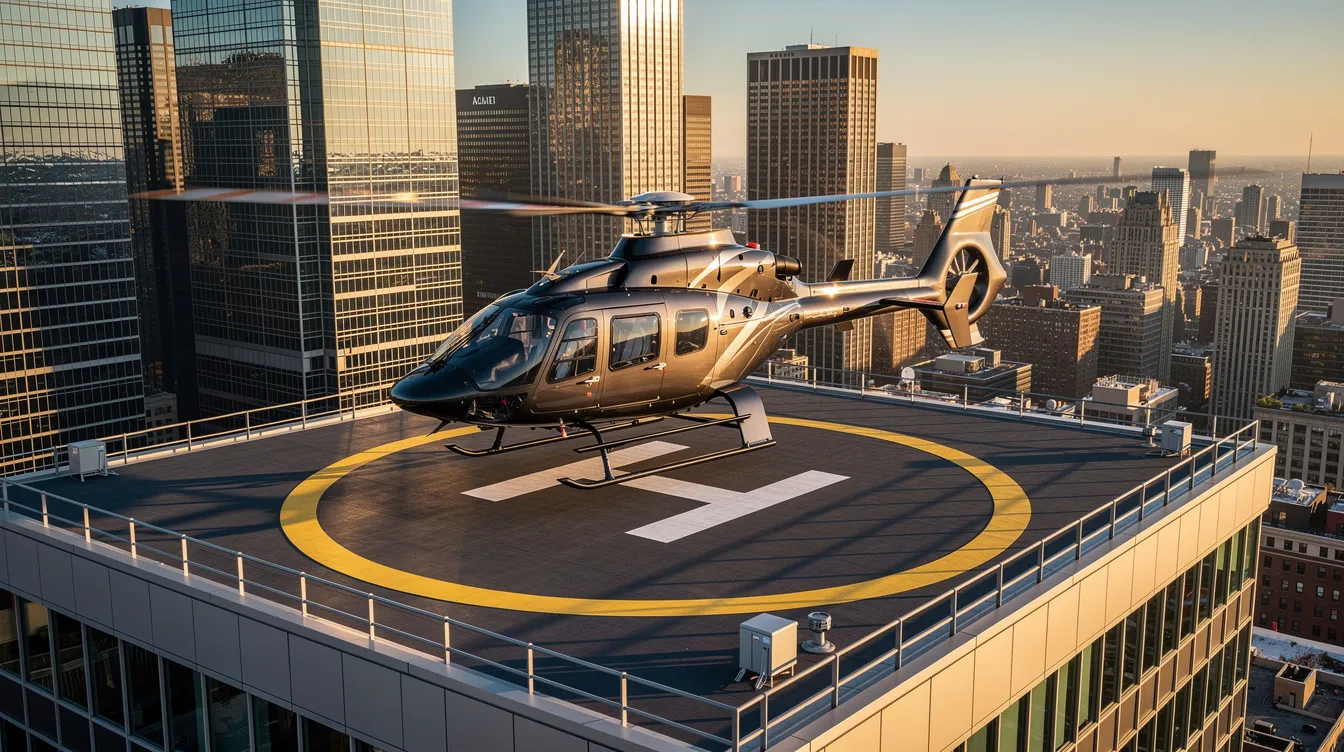 A Sikorsky S-92 helicopter is landing on a rooftop helipad with a bustling city skyline in the background, showcasing its sleek design and twin-engine capability. The image highlights the aircraft's impressive size and advanced technology, suitable for VIP transportation and rescue missions.