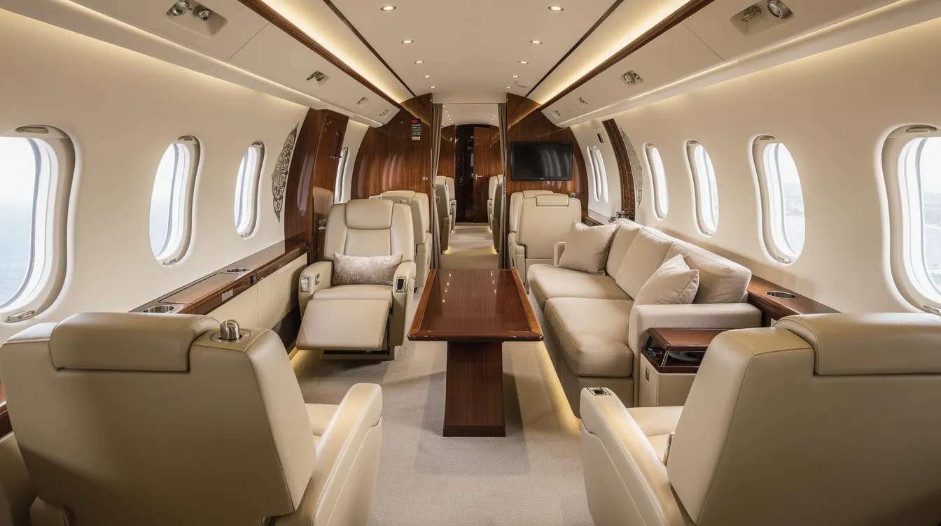 The image shows the wide cabin interior of a large private jet featuring multiple seating arrangements, including luxurious seats and a divan sofa, designed to provide comfort and accommodate several people. The spacious layout emphasizes the total area available for relaxation and socialization during flights.
