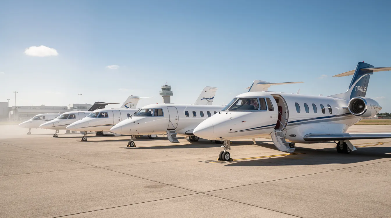 A row of various-sized private jets is parked on a sunny airport tarmac, showcasing different designs and capacities that accommodate a range of seating arrangements. The bright blue sky adds to the vibrant scene, highlighting the sleek shapes and sizes of these luxury aircraft.