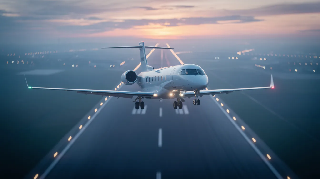 A Dassault Falcon 10X private jet approaches a runway at dusk, its lights shining through a light haze, showcasing the aircraft's sleek design and advanced flight deck features. The scene captures the essence of business aviation, highlighting the jet's capabilities in low visibility conditions during landing.