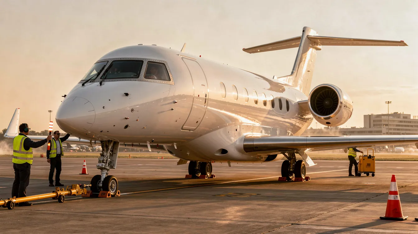 A sleek Dassault Falcon 10X business jet is parked on the tarmac, showcasing its large cabin and advanced design, while ground crew members attend to the aircraft nearby. The scene highlights the aircraft's role in business aviation, emphasizing its capabilities for comfort and efficiency.