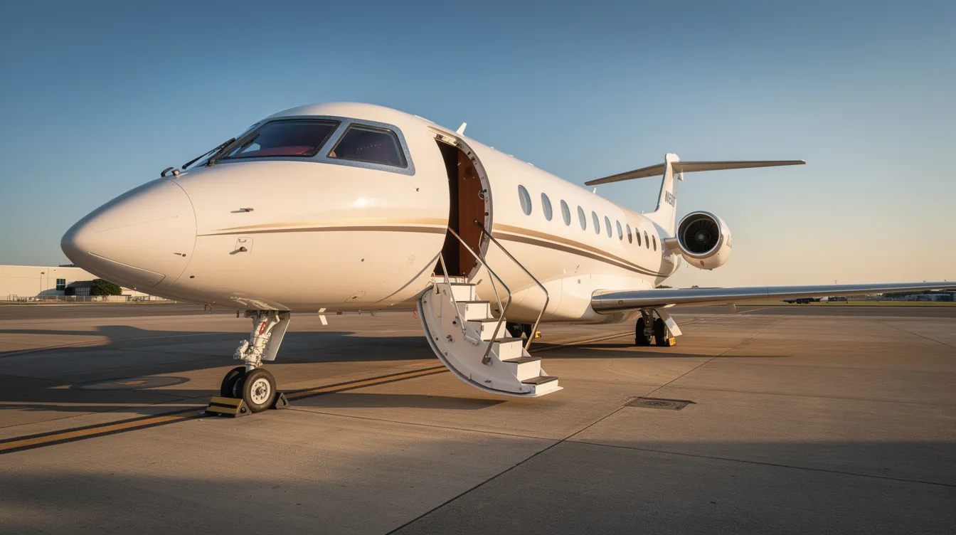 A sleek private jet is parked on a tarmac, with stairs extended and a clear blue sky in the background, symbolizing the royal travel often associated with members of the British royal family. This private plane could represent official business or state visits, reflecting the luxurious transport options available for dignitaries like King Charles III and other VIP passengers.