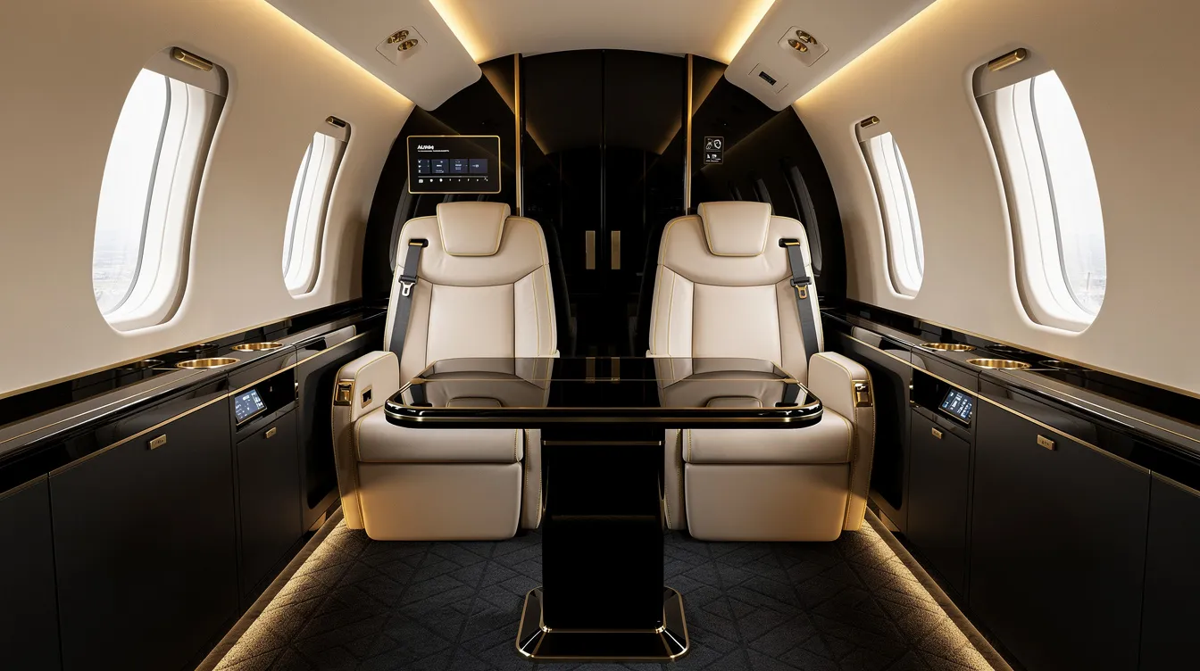 The image depicts the luxurious interior of a business jet cabin, featuring cream leather seats and a polished wood table under soft ambient lighting, creating an elegant atmosphere ideal for VIP passengers, including members of the British royal family during official travel. The sophisticated design reflects the opulence associated with private jets used for state visits and royal tours, emphasizing the comfort and style of royal air travel.