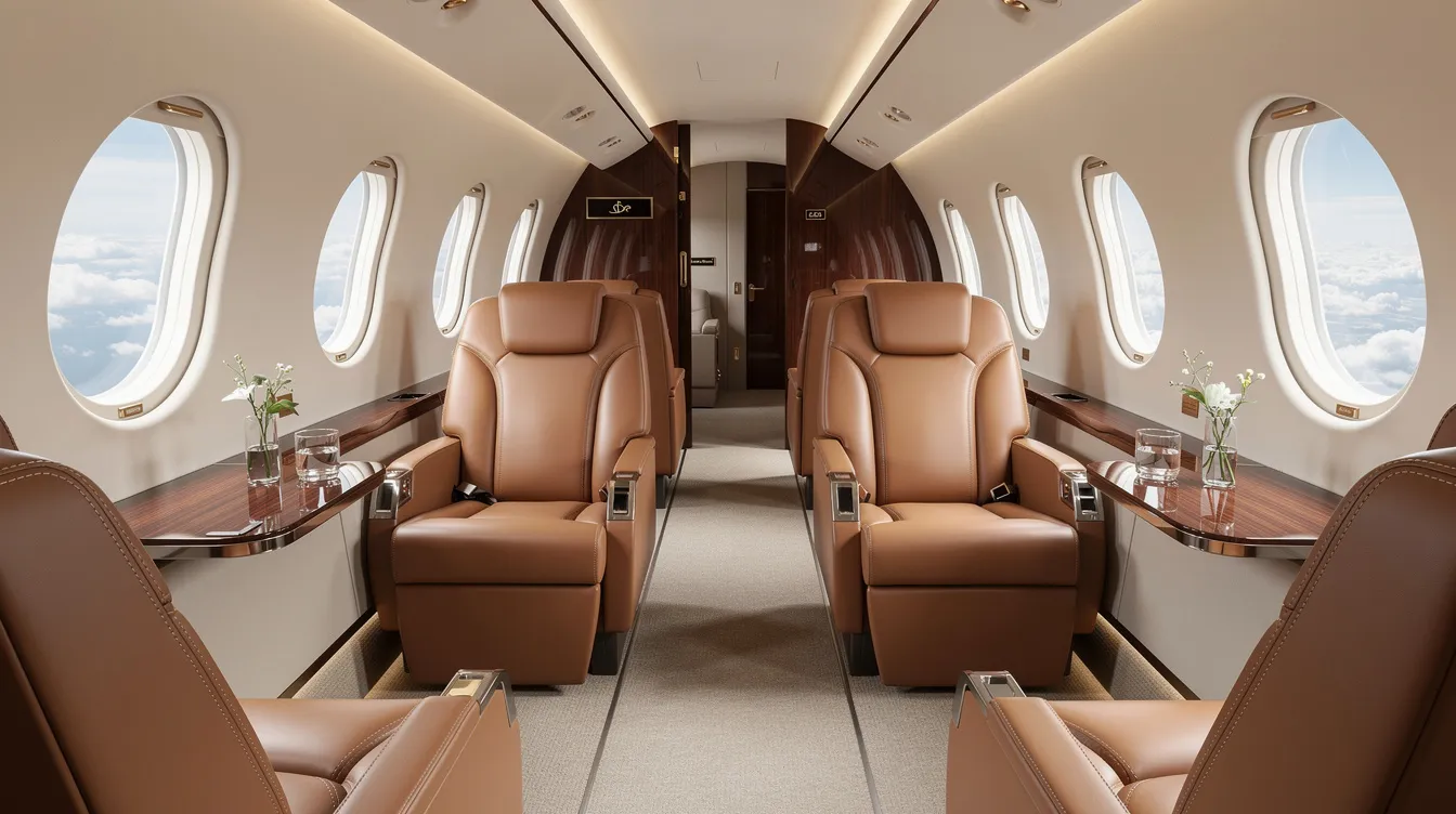 The image depicts the interior of a private jet featuring luxurious leather club seats arranged to face each other, complemented by a small table in between. This design offers a comfortable and intimate space, ideal for conversation and relaxation during flights.