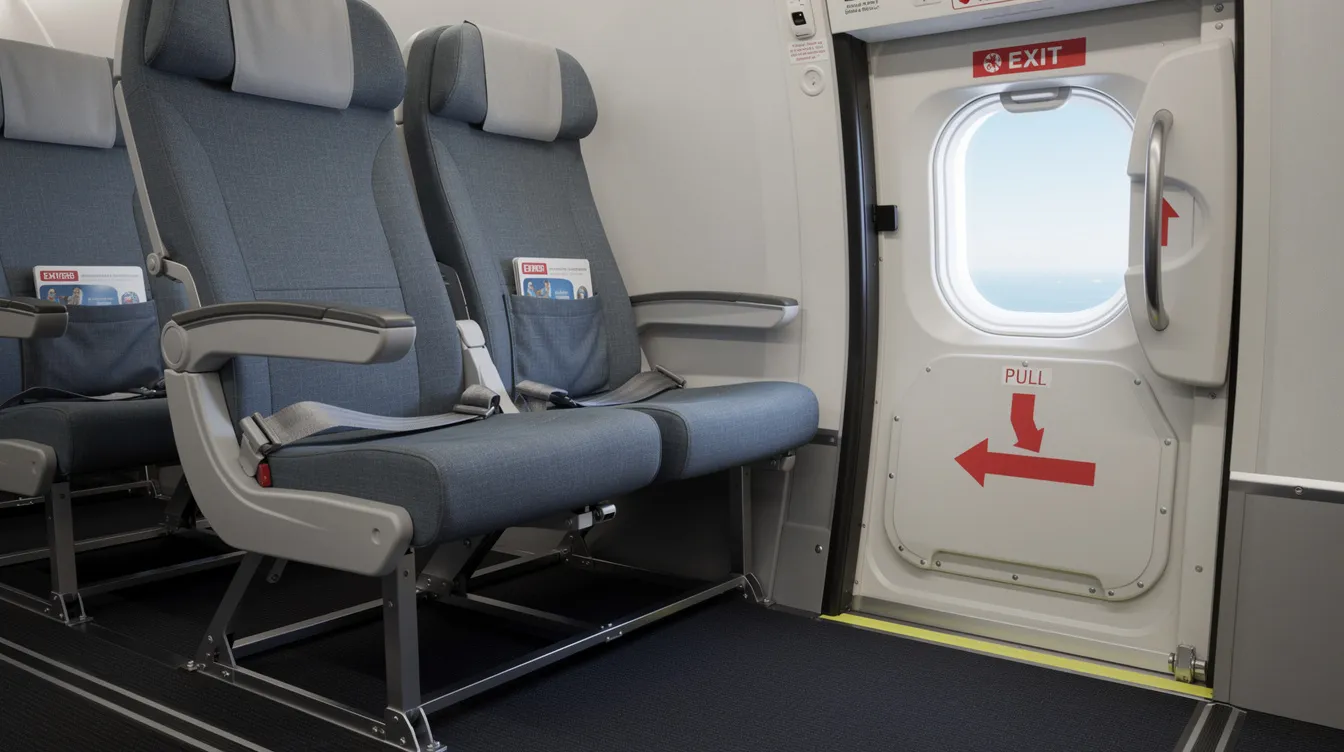 A close-up view of an exit row on a Southwest Boeing 737 700, showcasing the extra legroom seats with ample space between them and the emergency door. The image highlights the generous leg room and seat pitch, making it ideal for passengers seeking comfort during their flight.