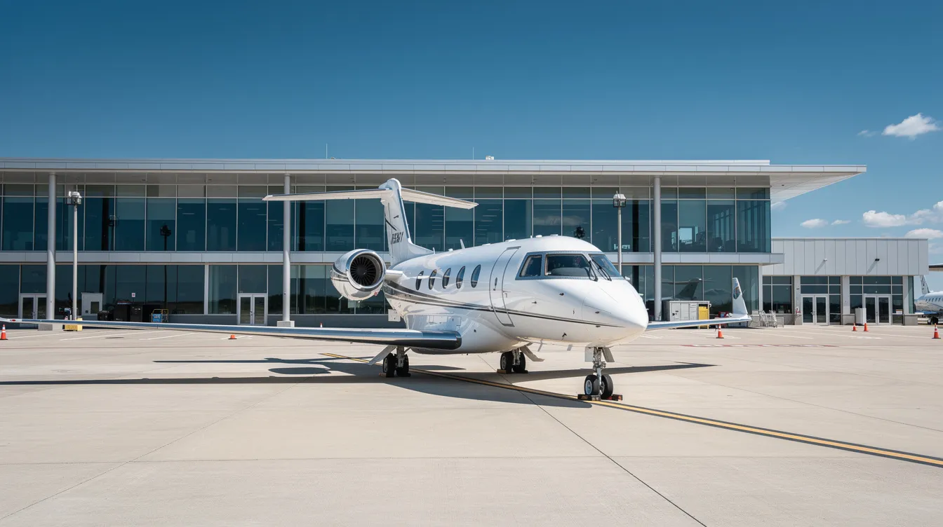 A small private jet is parked on a tarmac, situated in front of a modern private aviation terminal building under a clear blue sky. The scene conveys a sense of luxury and exclusivity, highlighting the sleek design of the aircraft against the backdrop of the terminal.
