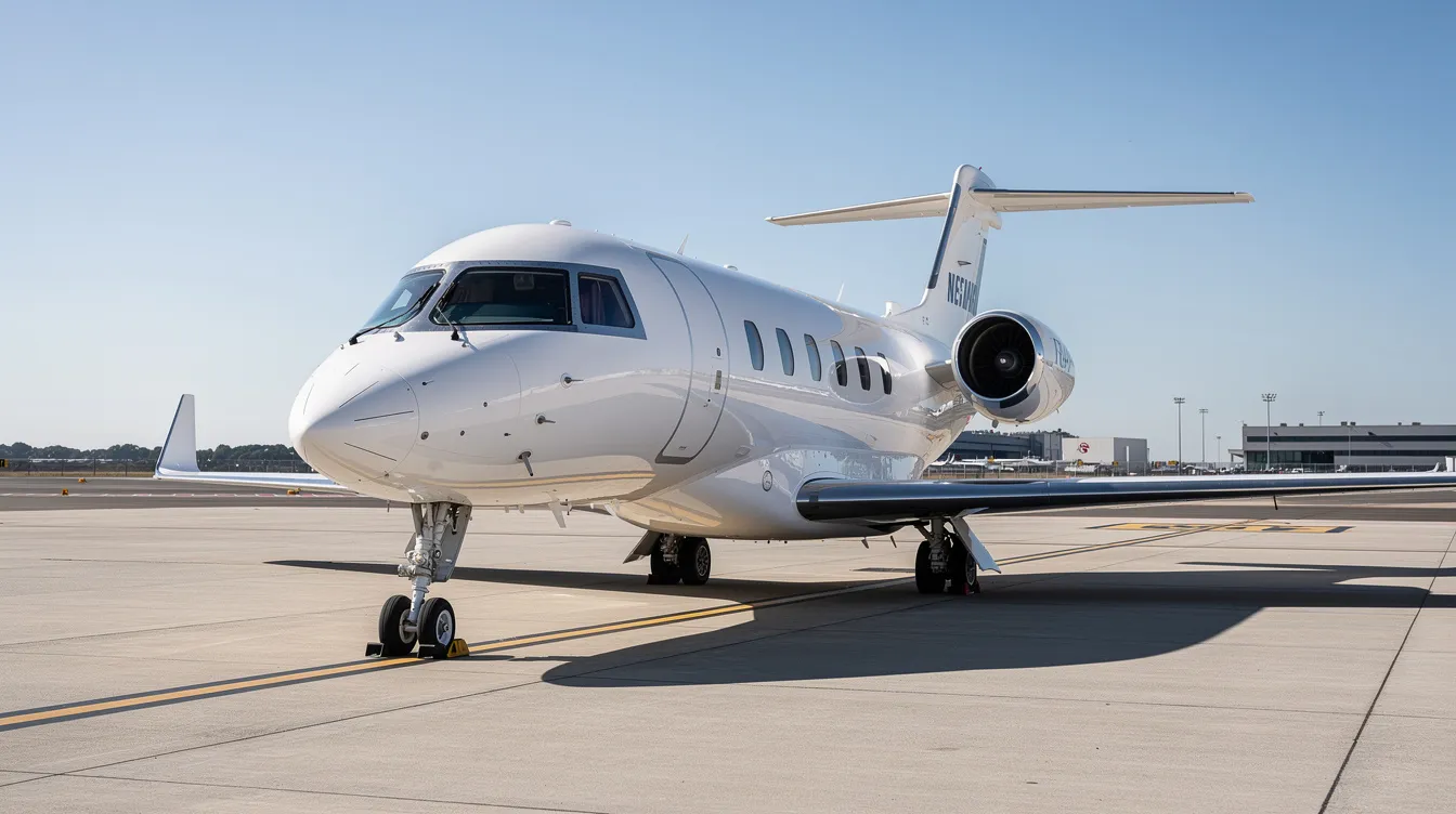 A small private jet is parked on a tarmac under a clear blue sky, showcasing its sleek design and shiny exterior. The scene captures the tranquility of aviation away from the hustle of commercial flights, emphasizing the exclusivity of private air travel.