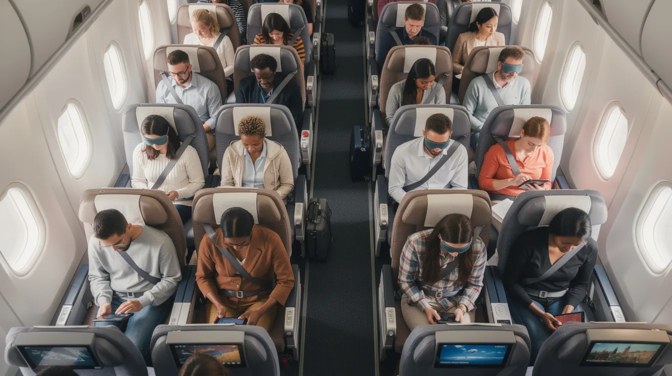An overhead view captures passengers seated in economy class rows of a Delta Air Lines Boeing 737-800. The image shows four rows of class seats, with light streaming through the windows and overhead bins neatly closed above the travelers.
