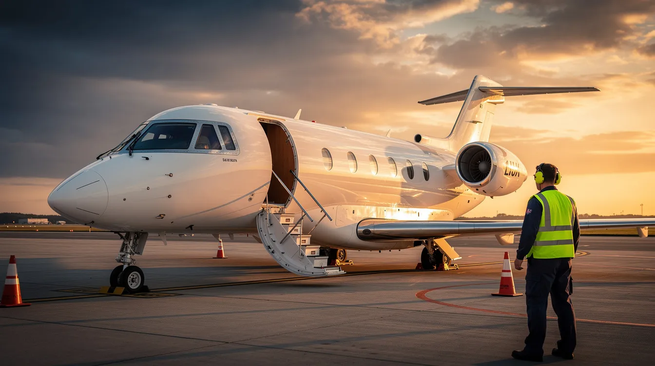 A private jet is parked on the tarmac at sunset, with its stairs extended and a ground crew member standing nearby, ready to assist with boarding. The scene captures the luxurious experience of flying in a premium economy cabin, emphasizing the exclusivity of private air travel.