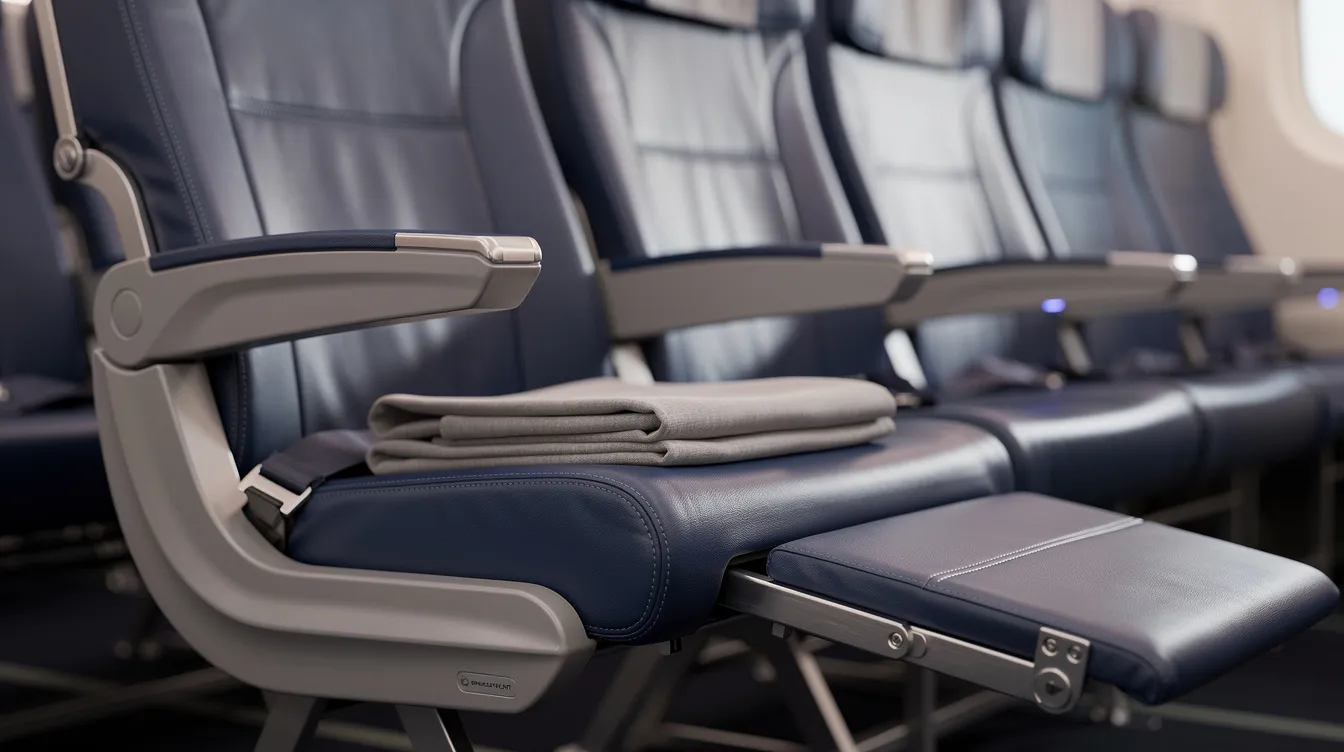 A close-up view of a premium economy seat in blue leather, featuring an extended footrest and a neatly folded blanket resting on the armrest, showcasing the comfort and style of the American Airlines premium economy experience. This image highlights the spacious design and thoughtful amenities typical of premium economy cabins, ideal for long haul flights.