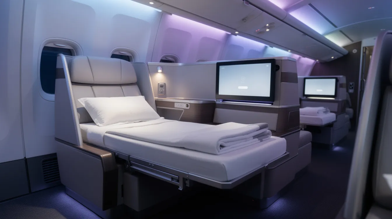 The image depicts a lie-flat business class seat in a modern Boeing 787 airplane cabin, featuring ambient LED lighting that enhances the travel experience. The seat is designed for comfort on long flights, with ample legroom, movable armrests, and power outlets for passenger convenience.