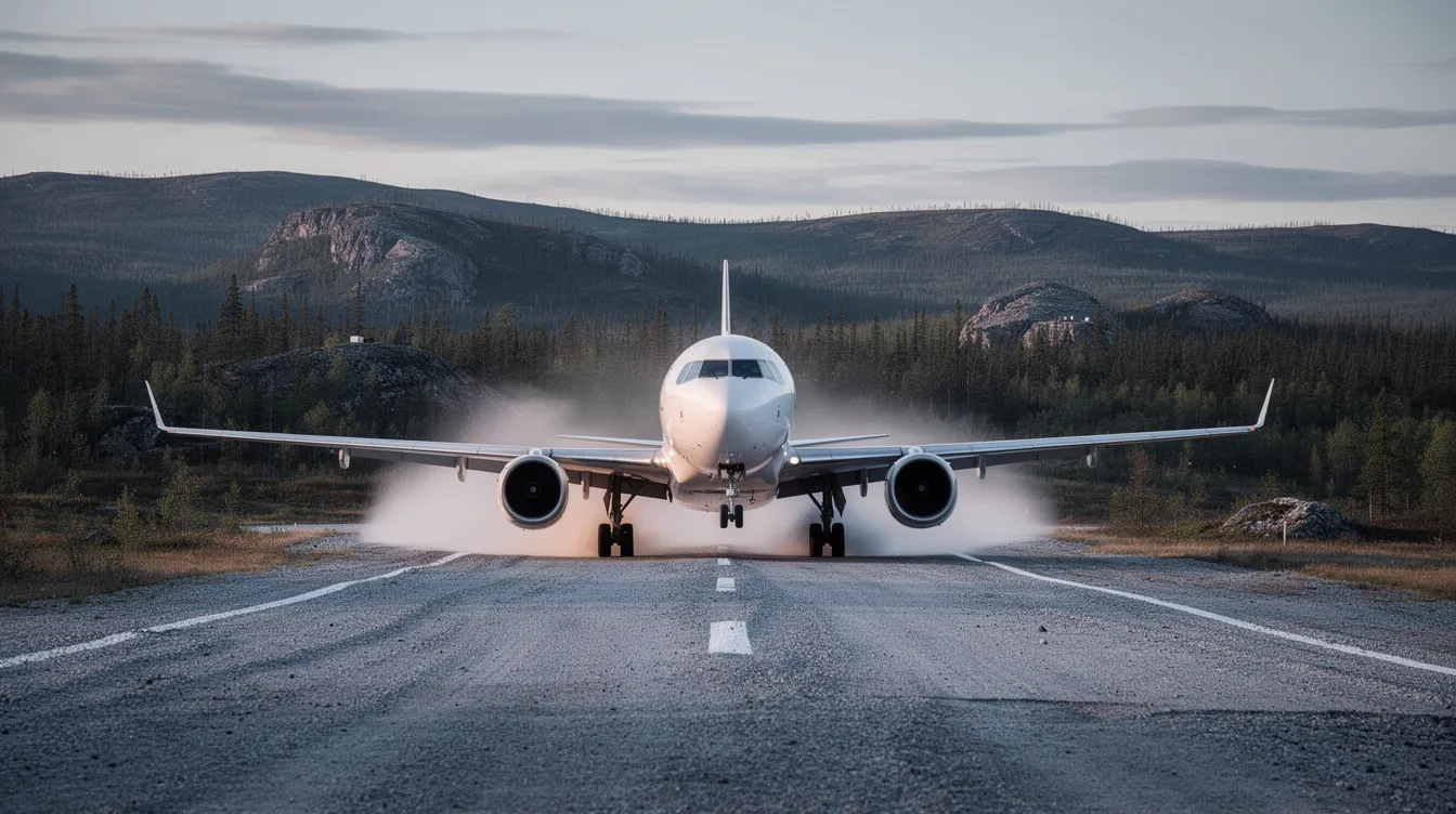 A Boeing 737-200 passenger airliner is landing on a gravel airstrip surrounded by a remote northern landscape, characterized by hills and trees in the background. This aircraft, known for its fuel efficiency and passenger transport capabilities, is part of the fleet used by airlines like Alaska Airlines and Air Inuit for flying scheduled passenger services to remote communities.