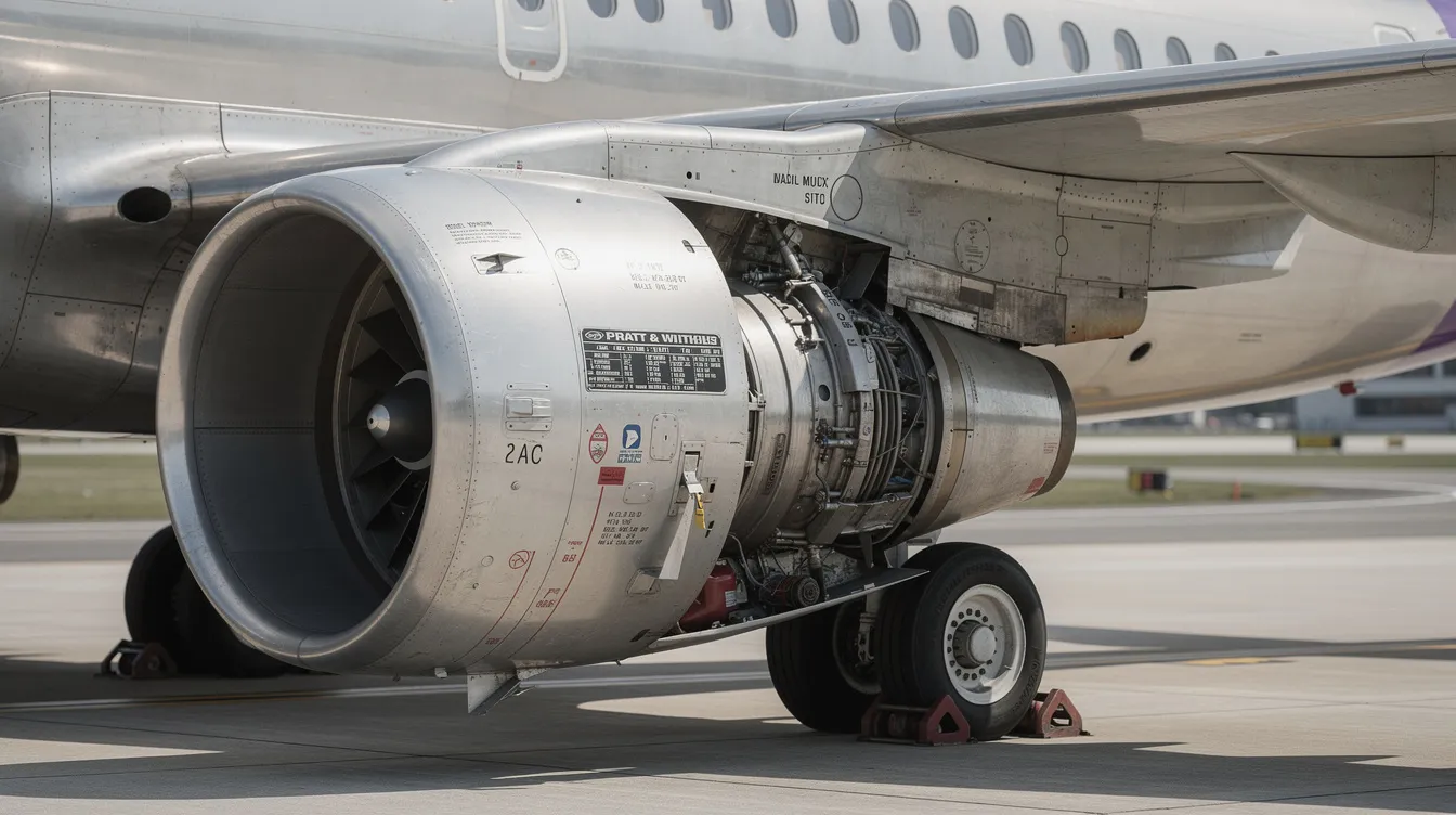 A close-up view of a Pratt & Whitney JT8D turbofan engine, showcasing its design and structure, mounted under the wing of a Boeing 737-200 passenger airliner. This image highlights the powerful engine that contributes to the aircraft's fuel efficiency and performance, essential for flying scheduled passenger service on short and thin routes.