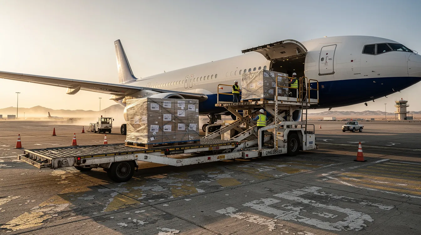 Cargo pallets are being loaded into the side door of a Boeing 737 200 at a remote airstrip, showcasing the aircraft's capability for passenger transport and cargo operations. The scene highlights the aircraft's robust design, which is essential for servicing thin routes and remote communities.