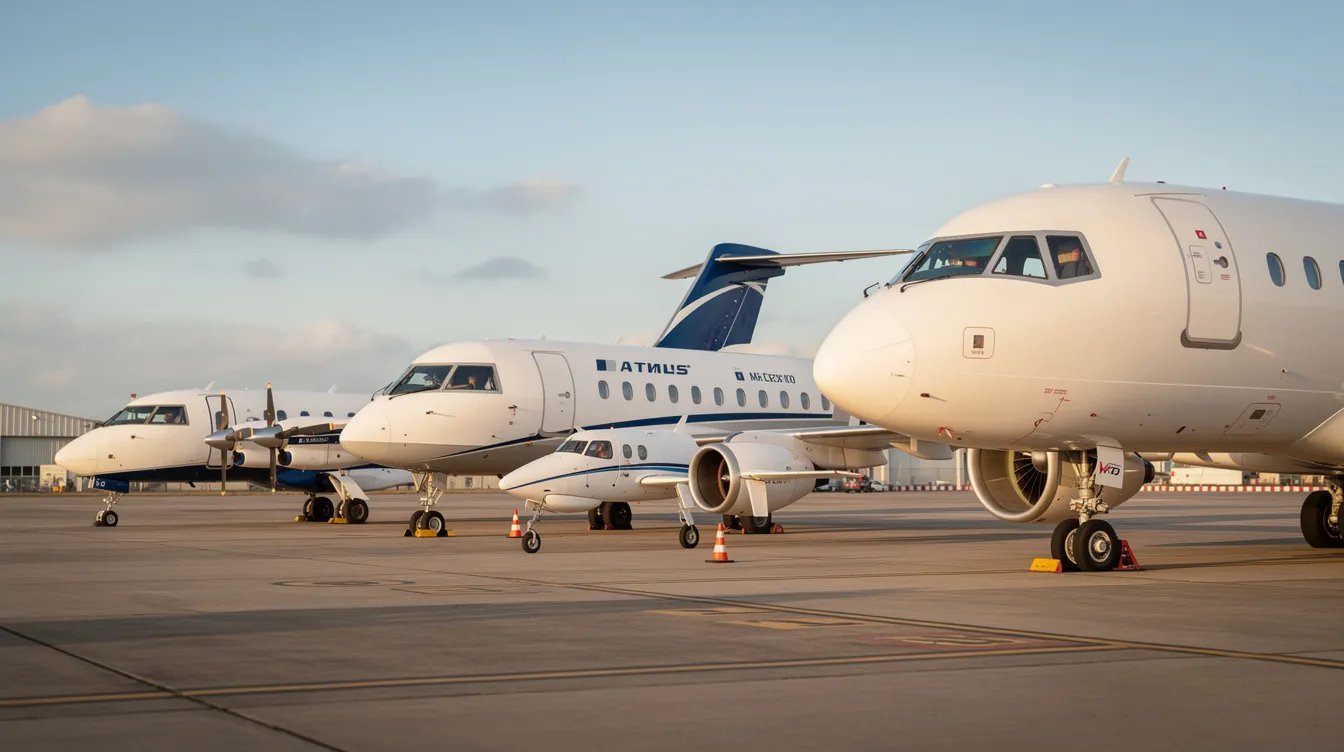 The image shows several aircraft of varying sizes parked side by side on an airport ramp, including a small turboprop and a large narrow-body jet, highlighting the differences in fuselage dimensions and maximum takeoff weight. This scene captures the essence of airport operations, with the planes potentially preparing for flight or awaiting passengers in a secure area.
