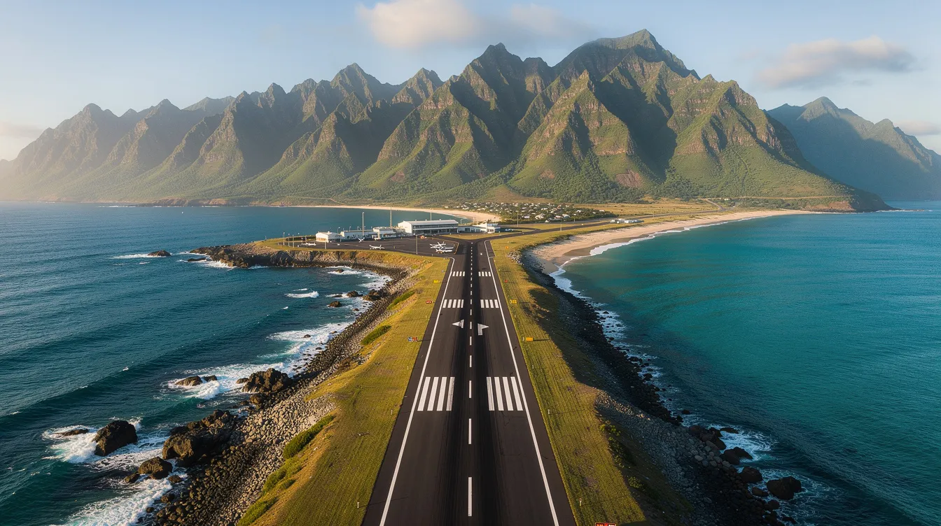 The image depicts a small coastal airport runway flanked by the ocean on both sides, with a mountainous backdrop in the distance. This short runway is ideal for aircraft with lower landing speeds, providing a scenic yet functional space for takeoff and landing in a picturesque coastal setting.