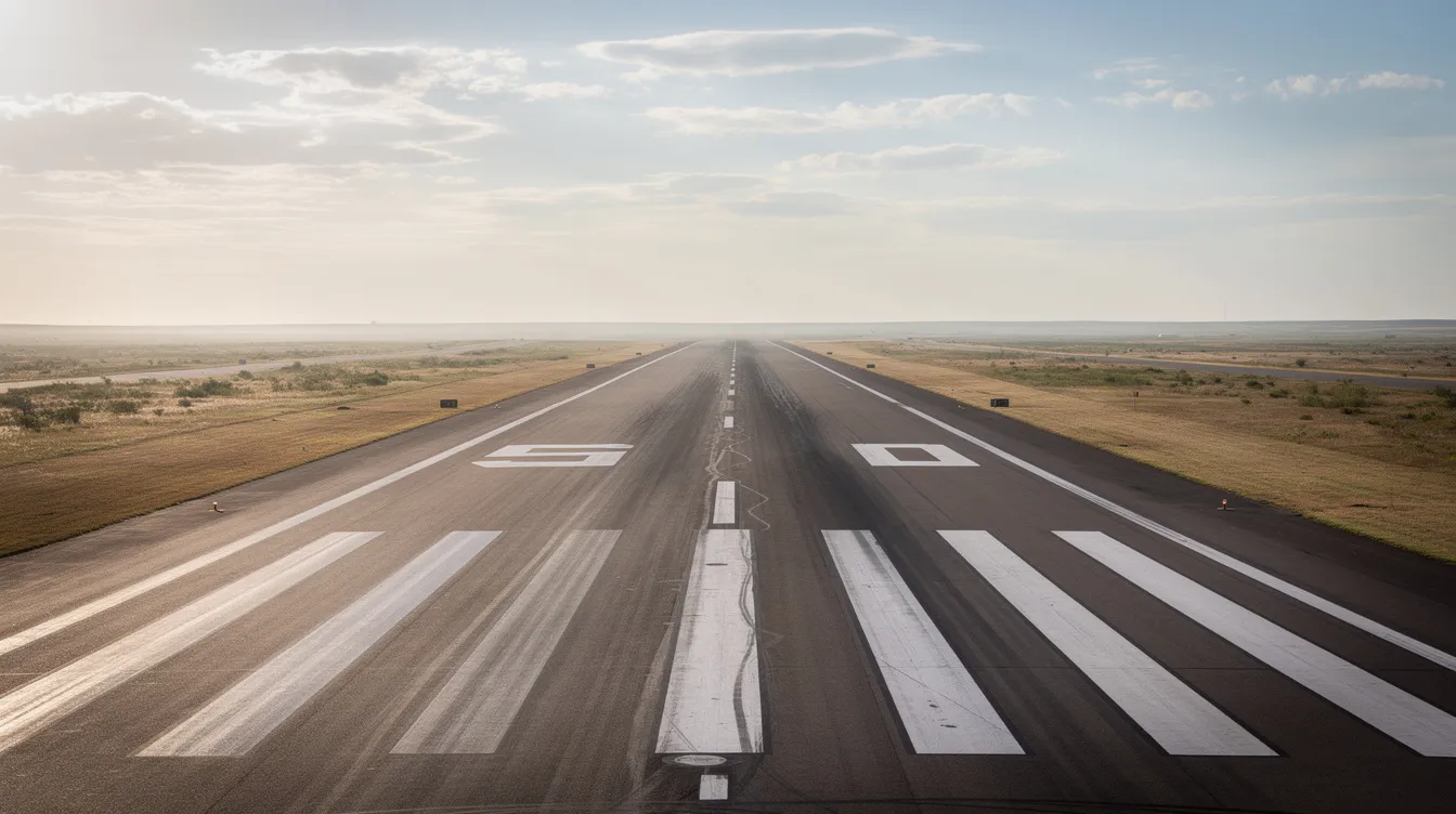 The image shows a runway from the approach end, featuring clear threshold markings and flat terrain surrounding it. This setting is crucial for understanding landing distances and required landing distances for various aircraft, especially in different conditions such as dry or wet runways.
