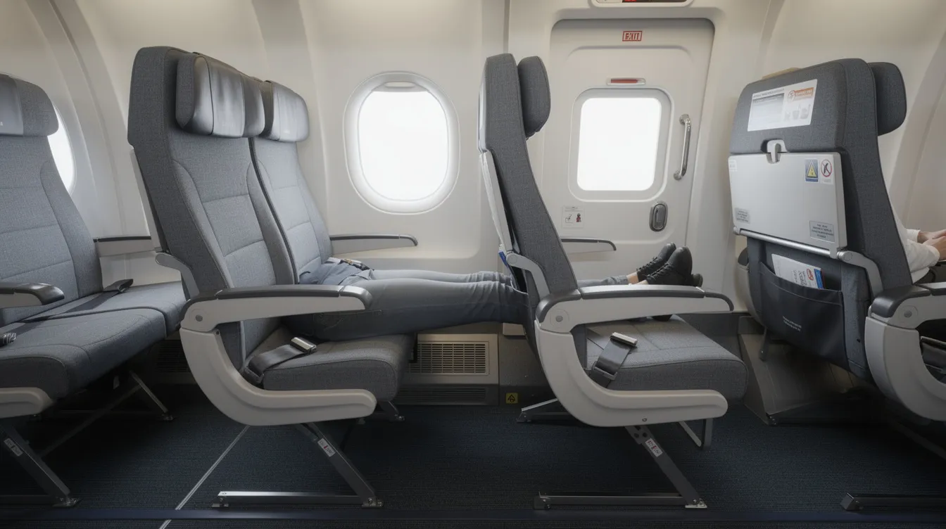 The image depicts the emergency exit row area of a Boeing 737, showcasing extra legroom seats with increased seat pitch and width, allowing for greater comfort compared to standard seats. The space between the rows is designed to provide easy access to the aisle and emergency exits, making it a desirable spot for passengers seeking more room during their flight.