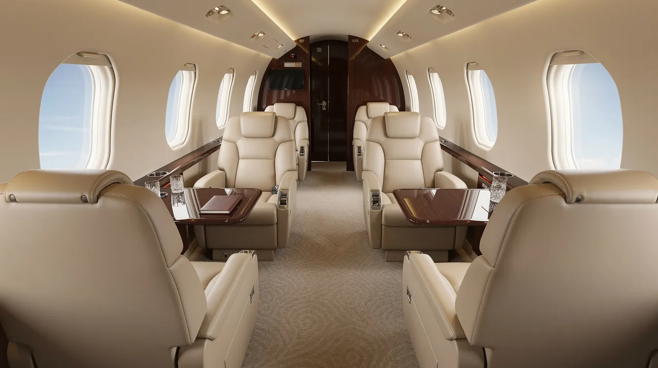 The image showcases a luxurious private jet cabin interior featuring wide leather seats arranged in a club layout, allowing passengers to face each other. The elegant design includes ample legroom and modern amenities, creating a comfortable and inviting atmosphere for travelers.