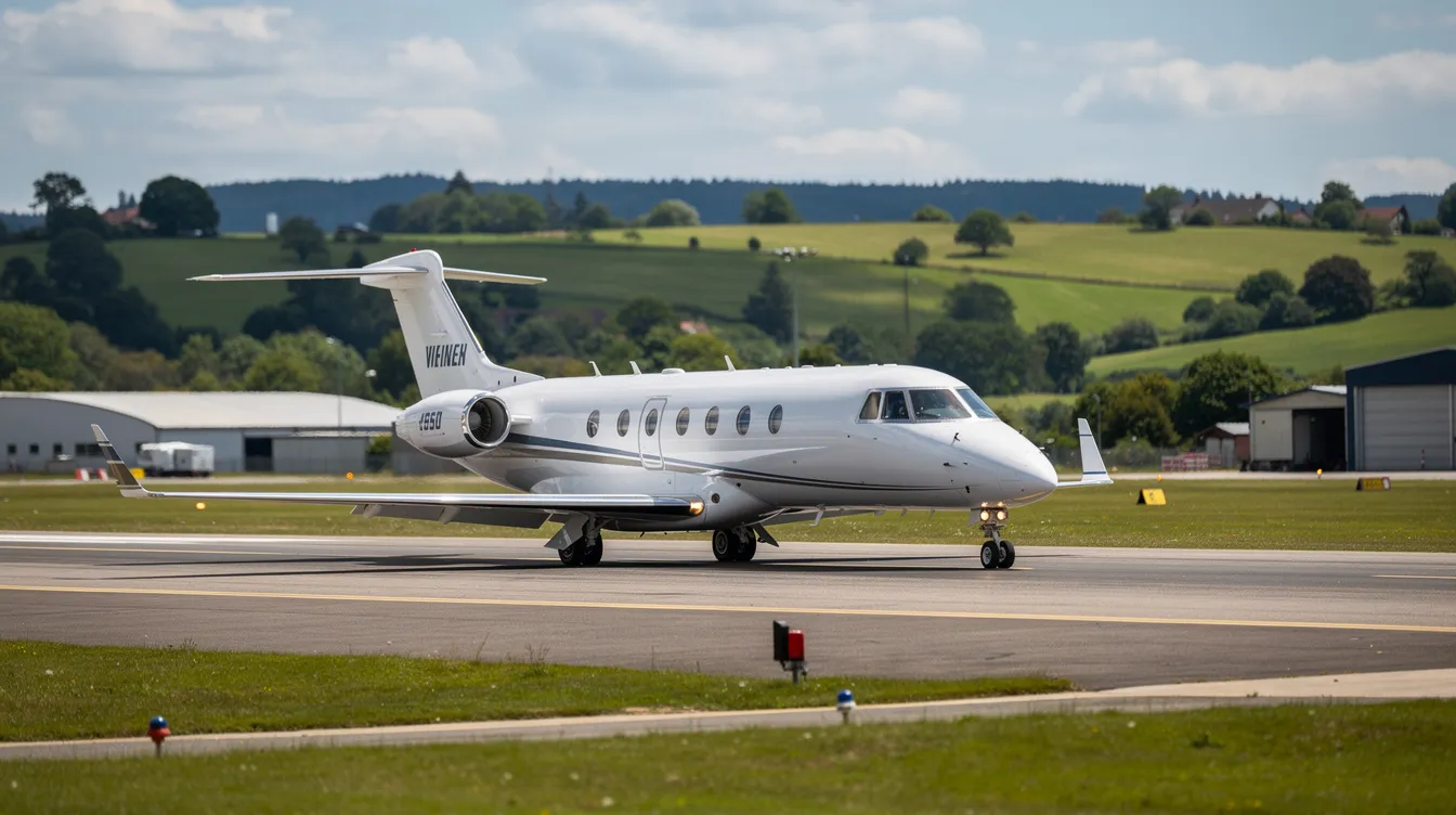 A small private jet is taxiing on a runway at a regional airport, with a lush green landscape visible in the background. The aircraft, designed for personal use, showcases sleek lines typical of modern jets, and is preparing for takeoff.