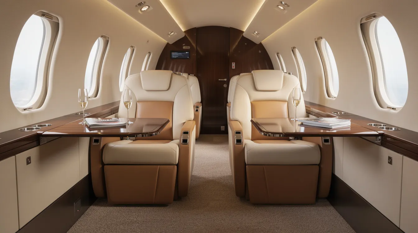 The image depicts the interior of a luxurious private jet cabin, featuring plush leather seats arranged in a club configuration, designed for comfort and style. The sophisticated layout enhances the flight experience for passengers, offering a spacious and elegant atmosphere typical of high-end aircraft.