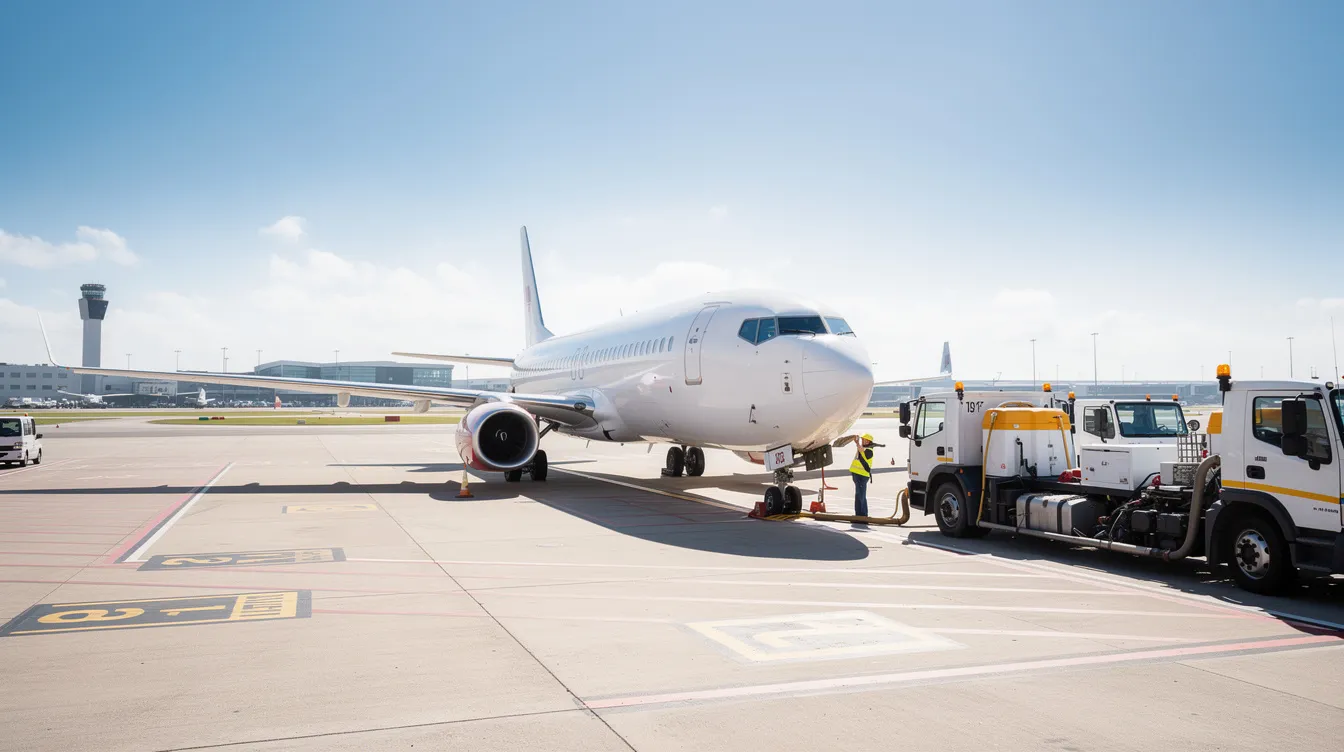 A Boeing 737 is parked on a sunny airport tarmac, with fuel trucks nearby ready to refuel the aircraft, which has a significant fuel capacity to support its commercial flights. The scene captures the essence of modern aviation, highlighting the importance of fuel efficiency and consumption in the operation of large commercial jets.