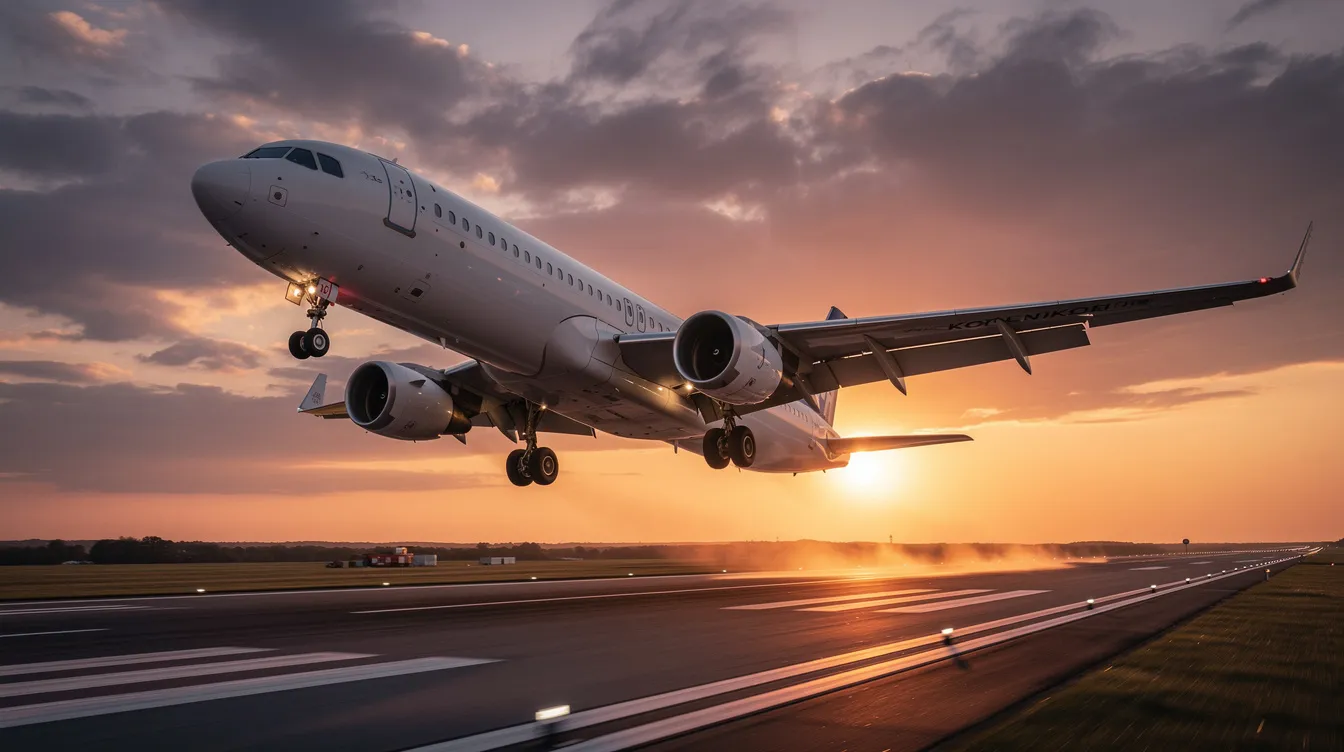 A large wide-body commercial airplane, such as a Boeing 737, is taking off from a runway against a vibrant sunset backdrop, showcasing its wingspan and powerful engines. The image captures the moment of ascent, highlighting the aircraft's maximum thrust as it climbs towards cruising altitude, emphasizing the efficiency and fuel consumption of modern jets.