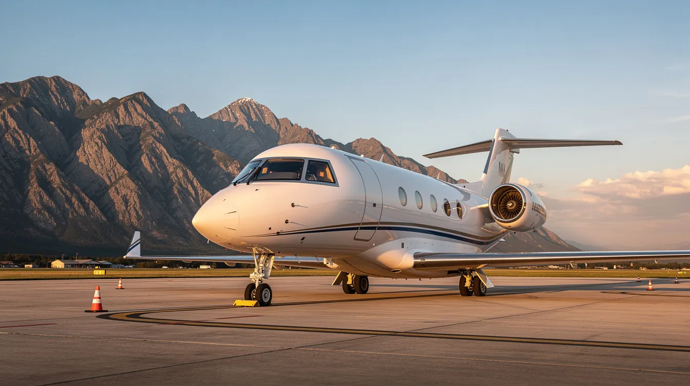 A sleek private business jet is parked on a small airport tarmac, with majestic mountains in the background. This modern aircraft is designed for fuel efficiency and has a fuel capacity that allows for long-range flights, making it ideal for private travel in various weather conditions.