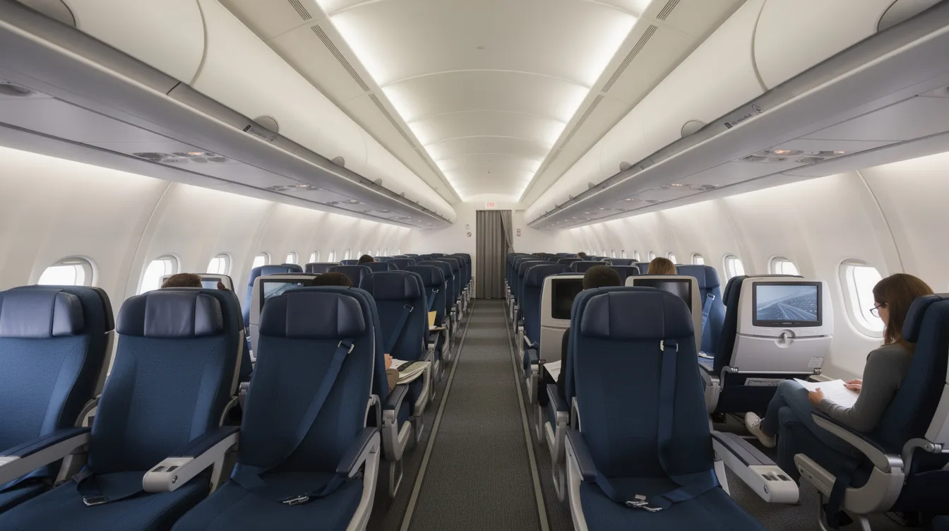The image shows the interior cabin of a wide-body Boeing 777 aircraft, featuring rows of comfortable passenger seats illuminated by overhead lighting. This spacious layout highlights the aircraft's design aimed at enhancing the flying experience for travelers.