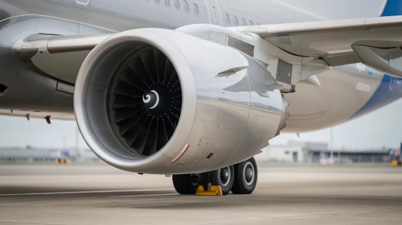 The image shows a close-up view of a large turbofan jet engine mounted under the wing of a Boeing 777, a wide-body commercial aircraft known for its performance and capacity to carry passengers over long distances. The intricate details of the engine highlight its powerful design, essential for the aircraft's successful flights.