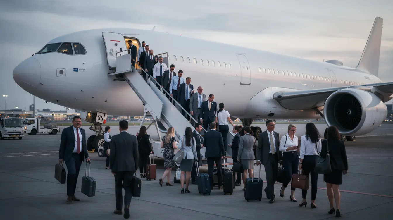 A large group of passengers in business attire are boarding a Boeing 777-300ER aircraft via air stairs on the airport tarmac, ready for their flight with United Airlines. The wide-body airplane showcases its impressive size as travelers make their way to the cabin, eager to begin their journey.