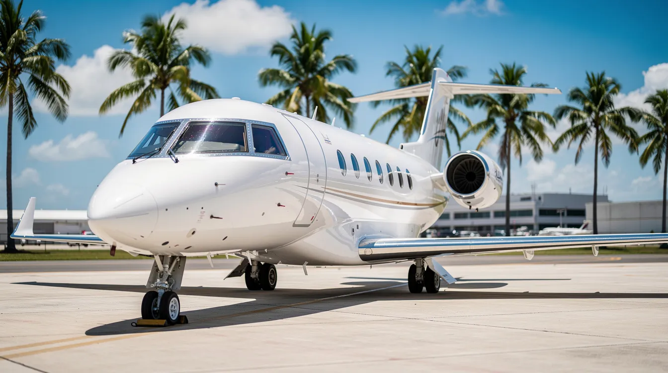 A light private jet is parked on a sunny tarmac at Key West International Airport, surrounded by palm trees, creating a picturesque scene typical of the Florida Keys. This setting suggests a perfect departure point for travelers seeking direct flights to exotic destinations.