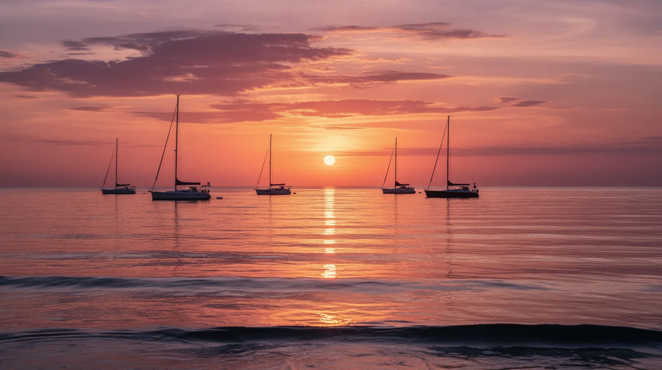 The image depicts a vibrant sunset casting warm hues over calm ocean waters, with the dark silhouettes of sailboats gently bobbing on the surface. This serene scene evokes the beauty of the Florida Keys, a popular destination for travelers looking to find cheap flights to Key West.