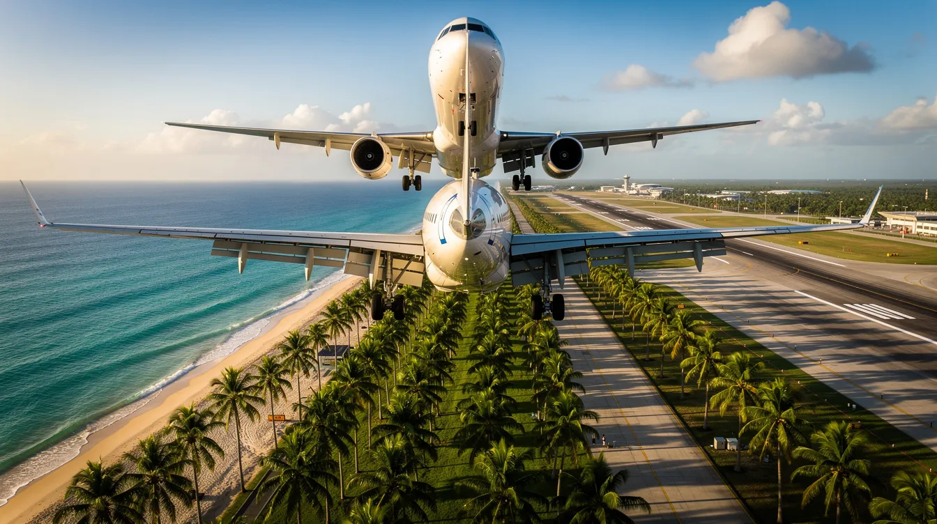 A commercial airplane is descending towards a coastal airport, with palm trees visible below, suggesting a picturesque landing near Key West. This scene captures the essence of travel, highlighting routes for delta flights to Key West and the allure of the Florida Keys.