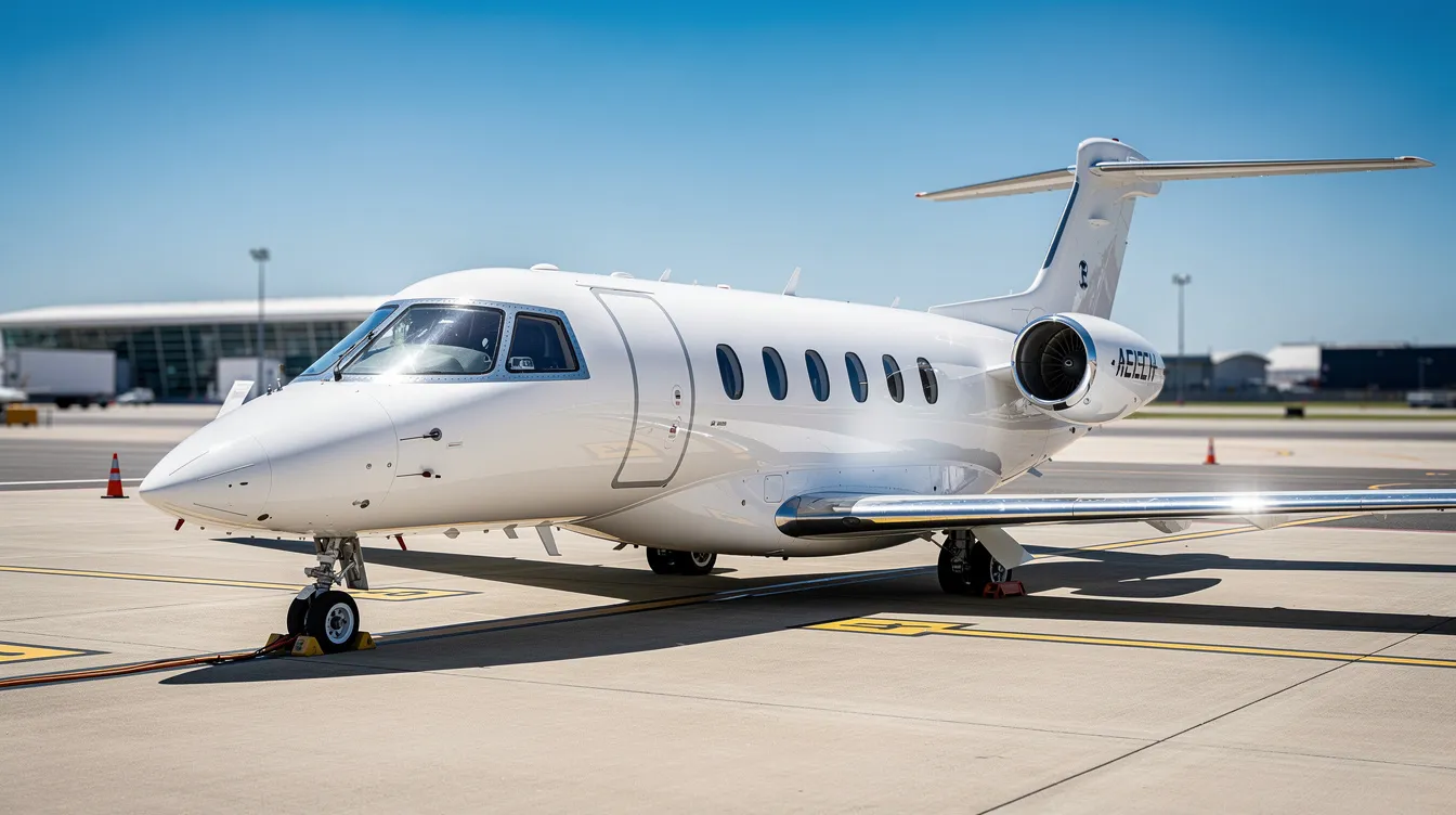 A small white private jet is parked on a sunny airport tarmac under a clear blue sky, suggesting a perfect day for travel. This scene evokes thoughts of direct flights to Key West, where travelers can enjoy the beautiful Florida Keys.