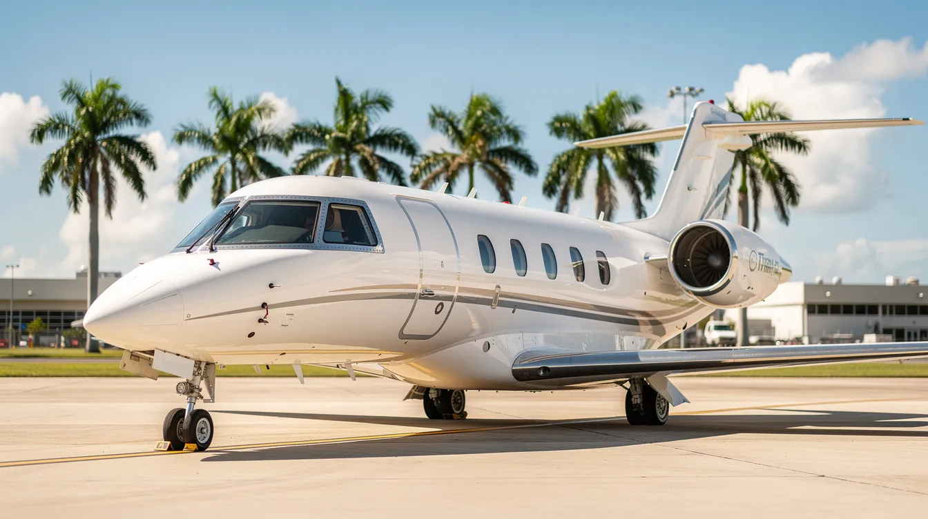 A small private jet is parked on a sunny tarmac, surrounded by lush palm trees, suggesting a tropical destination like Key West. This scene captures the essence of travel, ideal for those looking for direct flights from Chicago to Key West.
